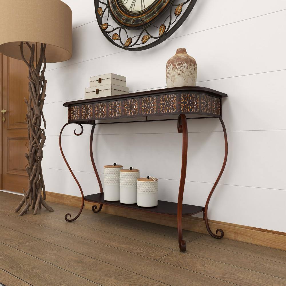 Litton Lane 43 in. Brown Extra Large Rectangle Metal Embossed 1 Shelf Floral Console Table with Ornate Scroll Legs 74362