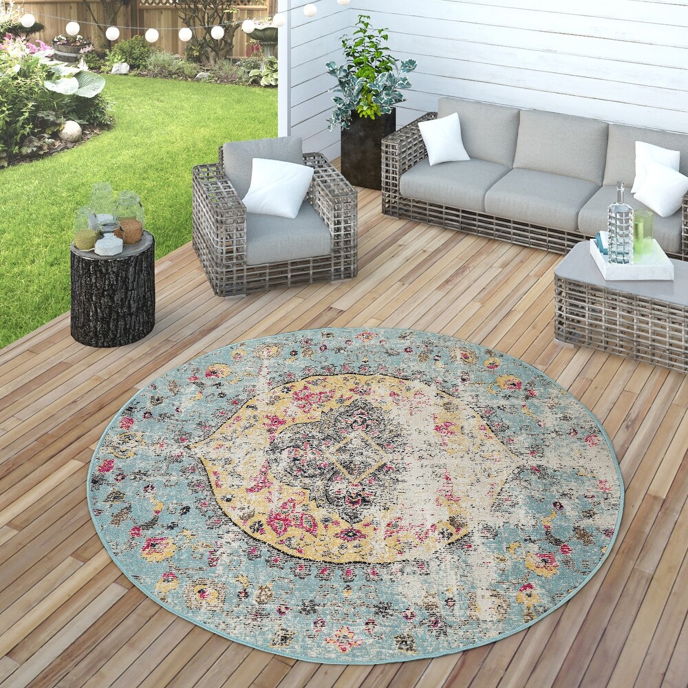 Indoor   Outdoor Rug Oriental Design in Turquoise Pink Yellow Pastel