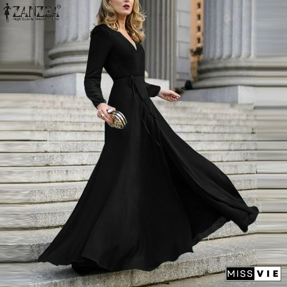 ZANZEA Autumn Long Sleeve Maxi Dresses Women Sexy Deep V Neck Bohemian Party Wedding Dress