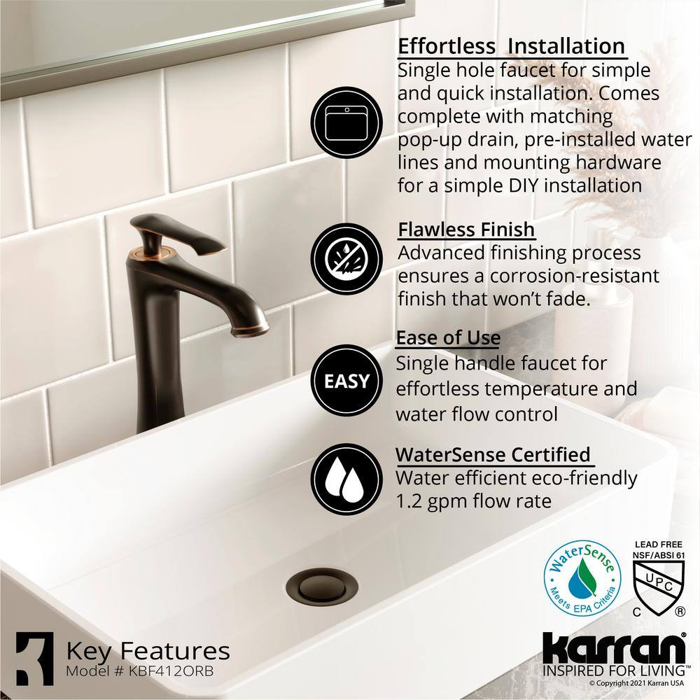 Karran Woodburn Single Handle Single Hole Vessel Bathroom Faucet with Matching Pop-Up Drain in Oil Rubbed Bronze KBF412ORB