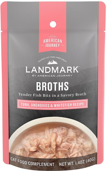 American Journey Landmark Broths Tuna， Anchovies and Whitefish Recipe Wet Cat Food Complement Pouches， 1.4 oz case of 16