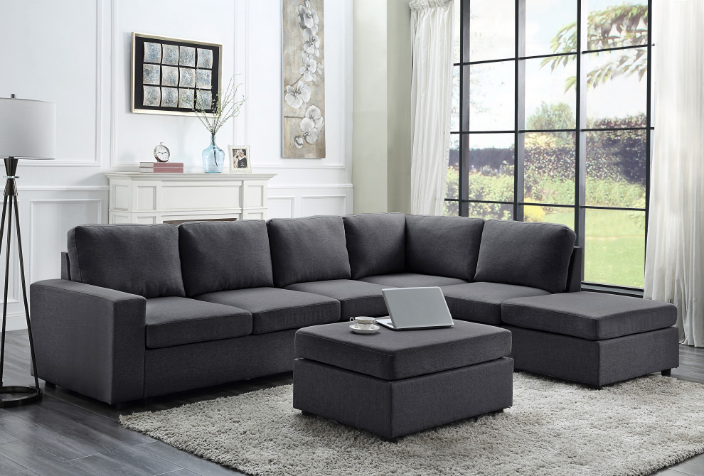 Cassia Modular Sectional Sofa With Ottoman  Dark Gray Linen   Transitional   Sectional Sofas   by Homesquare  Houzz