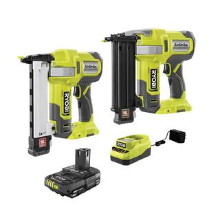 RYOBI ONE+ 18V Cordless 18-Gauge Brad Nailer with 18-Gauge Narrow Crown Stapler 2.0 Ah Battery and Charger P321-P361-PSK005