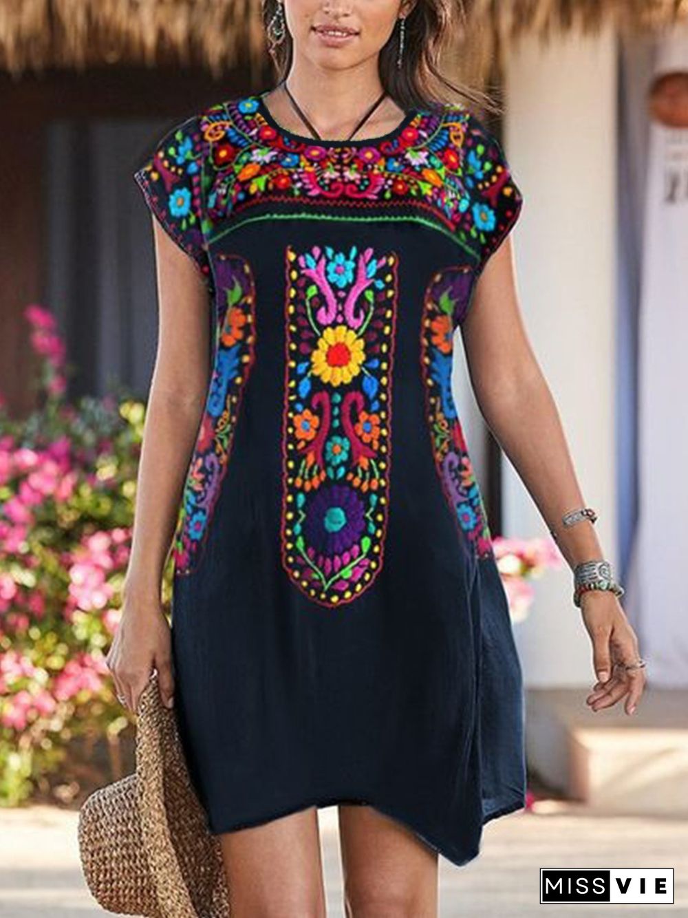 Tribal Printed Casual Short Sleeve Loosen Dress