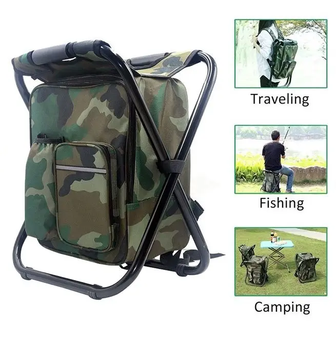 Portable Folding Hiking Camouflage Seat Camping Beach Chairs Stool Backpack With Cooler Insulated Picnic Bag For Outdoor Fishing