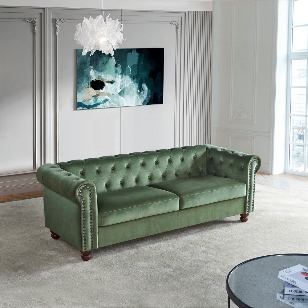 Modern Tufted Fabric Sofa Velvet Upholstered Couch High Tech Fabric for Living Room Sofa with Nailheads Arms and Wood Legs