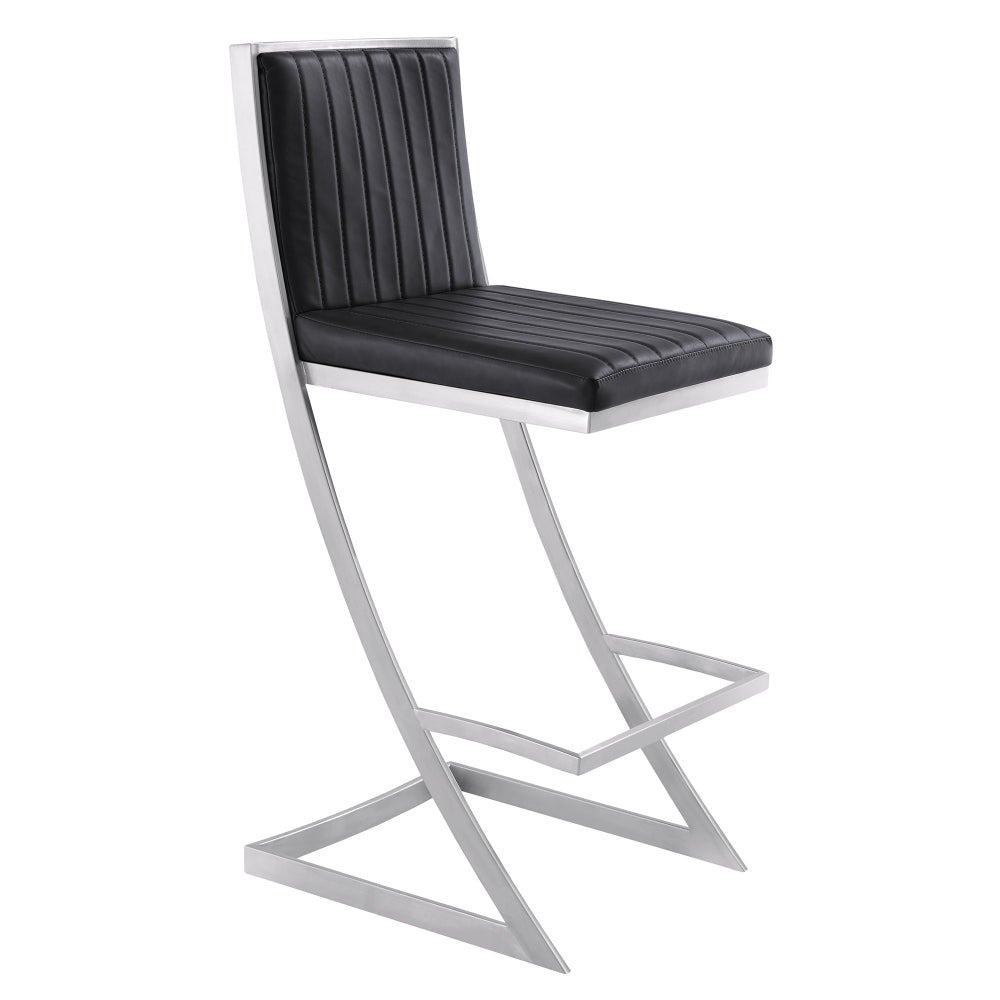 Eno 26 Inch Modern Barstool， Channel Stiched Square Back， Z Legs， Black - 39 H x 24 W x 18 L Inches