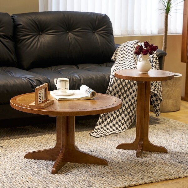 2Piece Modern Farmhouse Living Room Coffee Table Set，Stylish and Elegant Nesting Round Wooden Table