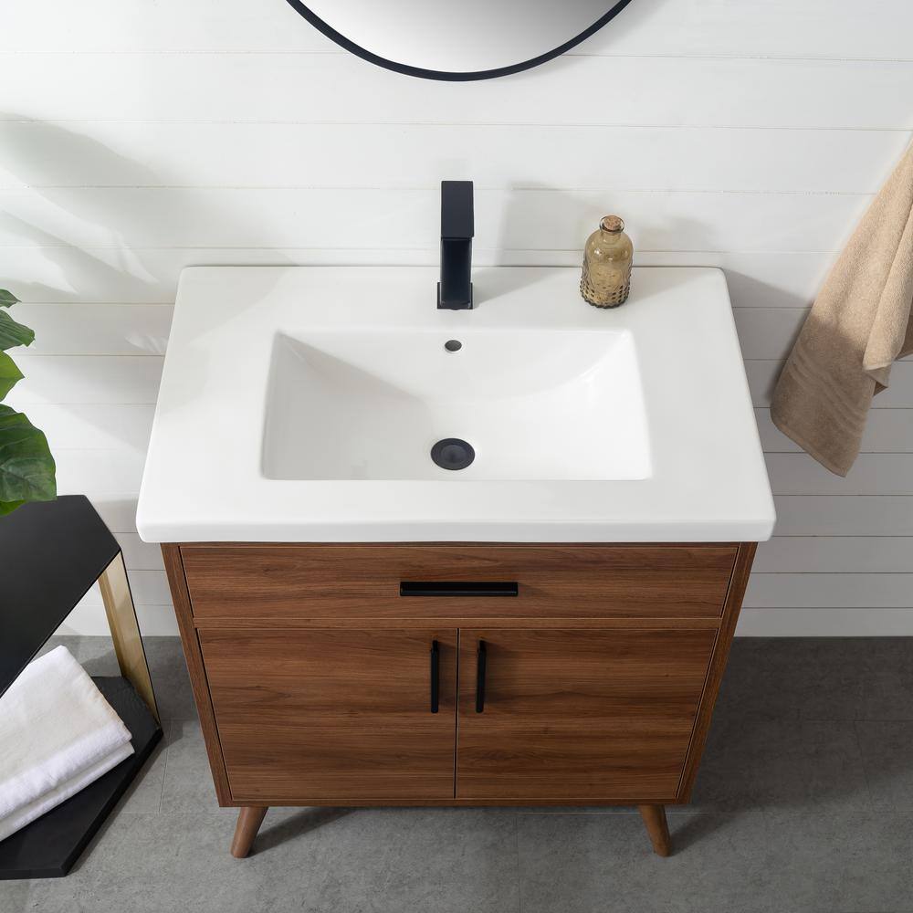 SUDIO Nelson 30 in. W x 18.5 in. D x 34 in. H Bath Vanity in Walnut with White Ceramic Top Nelson-30WN