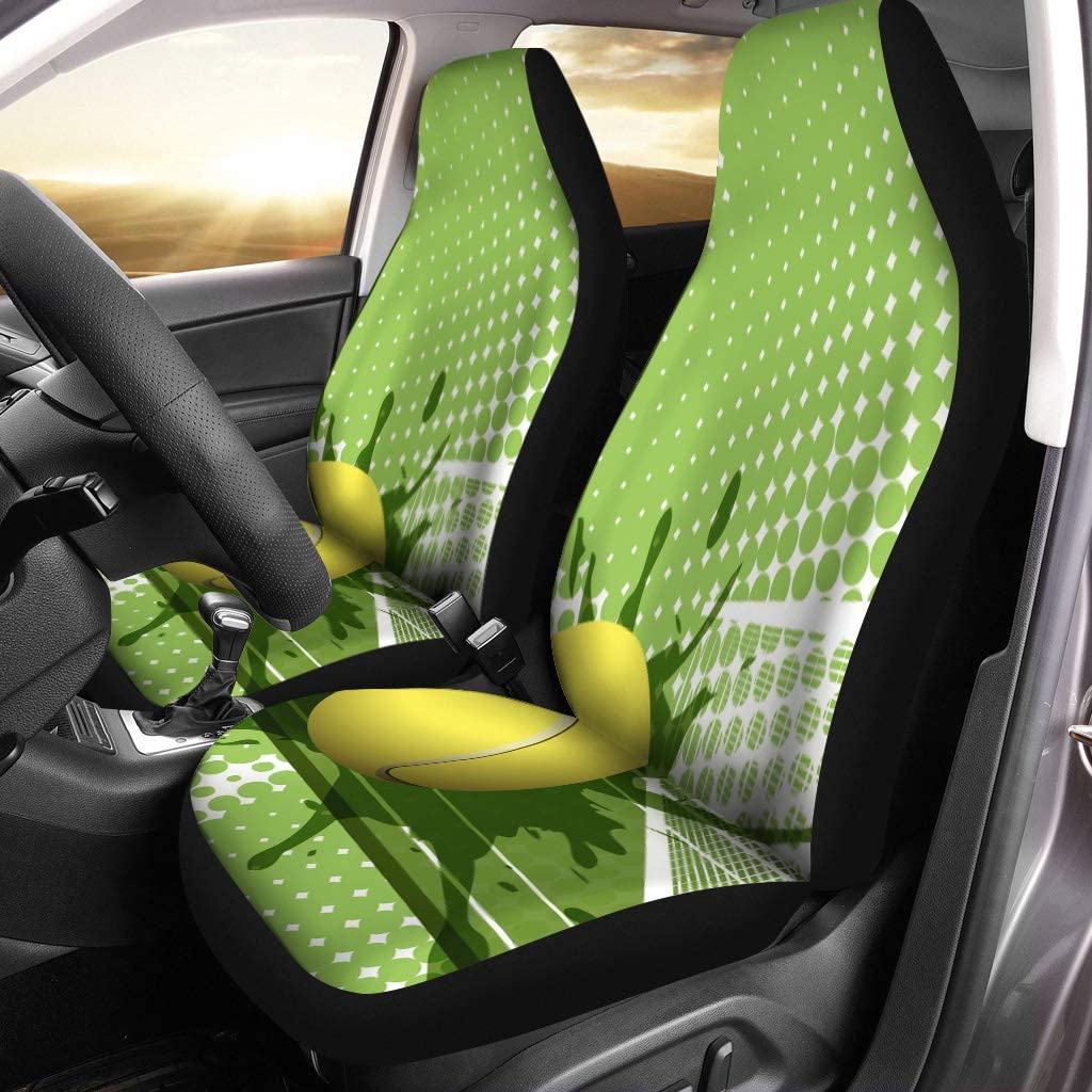 KXMDXA Set of 2 Car Seat Covers Blue Net Tennis Ball on Abstract Green Yellow Competition Universal Auto Front Seats Protector Fits for Car，SUV Sedan，Truck