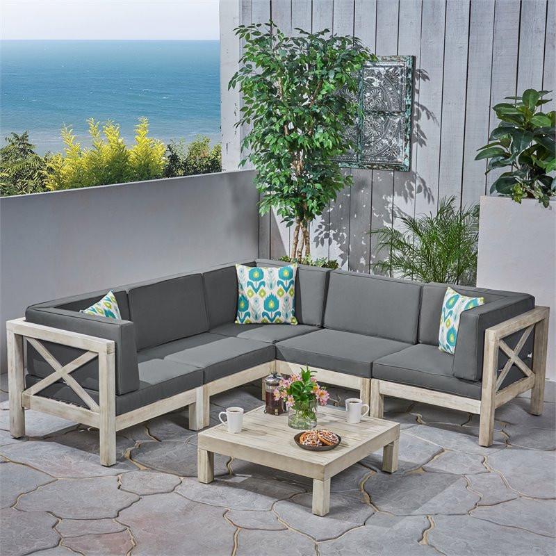 Noble House Brava 5 Seater Sectional Sofa Coffee Table Weathered Gray/Dark Gray   Farmhouse   Outdoor Lounge Sets   by Homesquare  Houzz