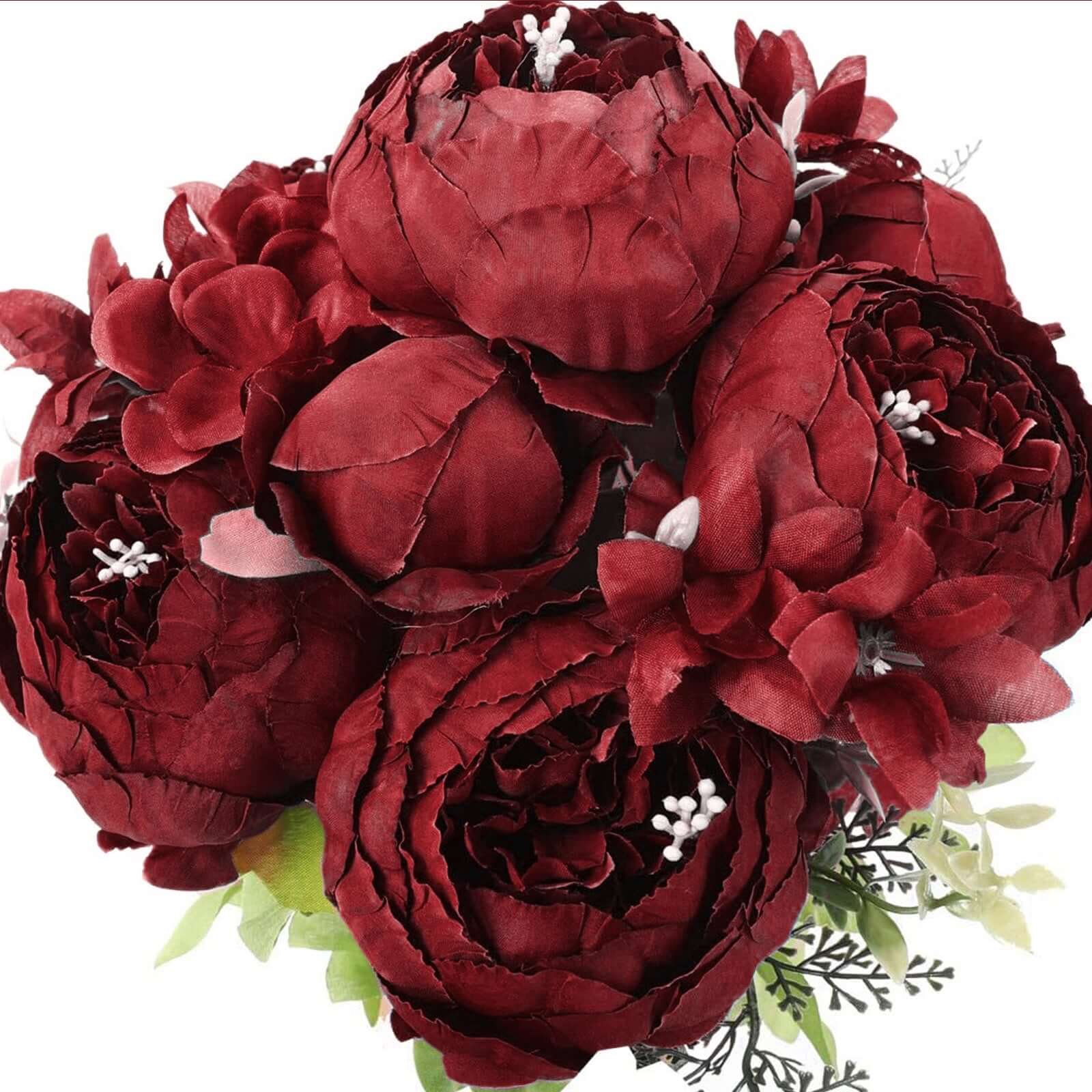 2 Pack Burgundy Silk Peony Flower Bouquet Arrangements, Artificial Wedding Bridal Bouquets 19