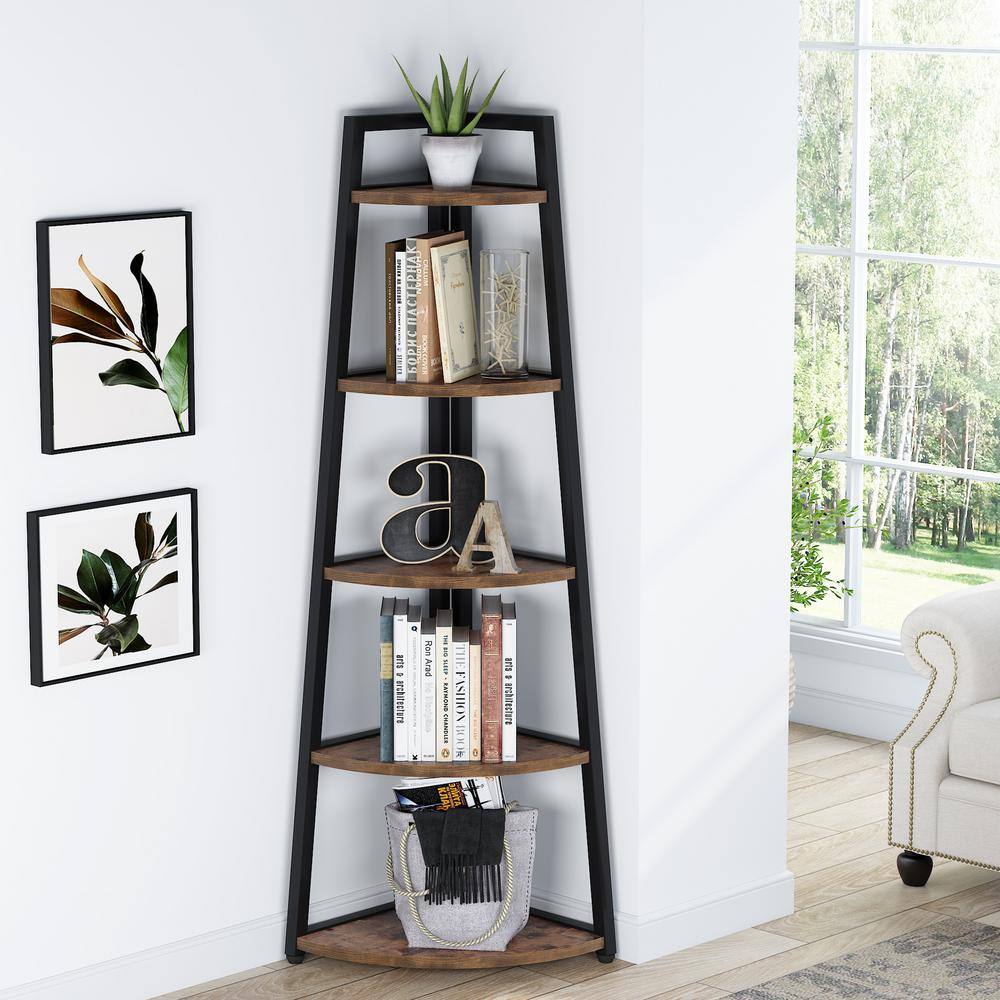 TRIBESIGNS WAY TO ORIGIN Jannelly 70 in. Rustic Brown and Black Wood 5tier 5 Shelf Corner Ladder Bookcase with Open Back HD-C0175-WZZ