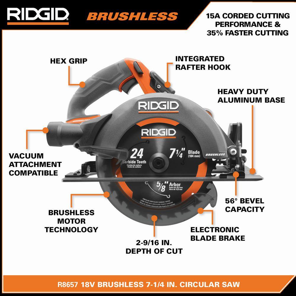 RIDGID 18V Brushless Cordless 7-14 in. Circular Saw (Tool Only) with Extra 7-14 in. Circular Saw Blade R8657B-AC714N