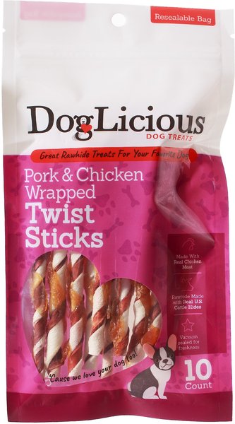 Canine's Choice DogLicious Chicken and Pork Wrapped Rawhide Twist Sticks Dog Treats， 10 count