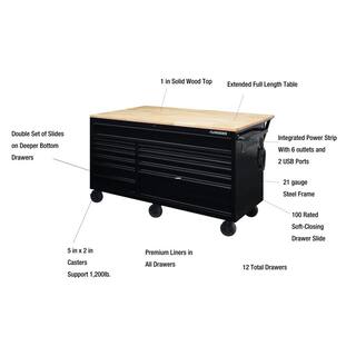 Husky 62 in. W x 36 in. D Standard Duty 12-Drawer Mobile Workbench Tool Chest with Full Length Extension Table in All Black HOTC6212B11M