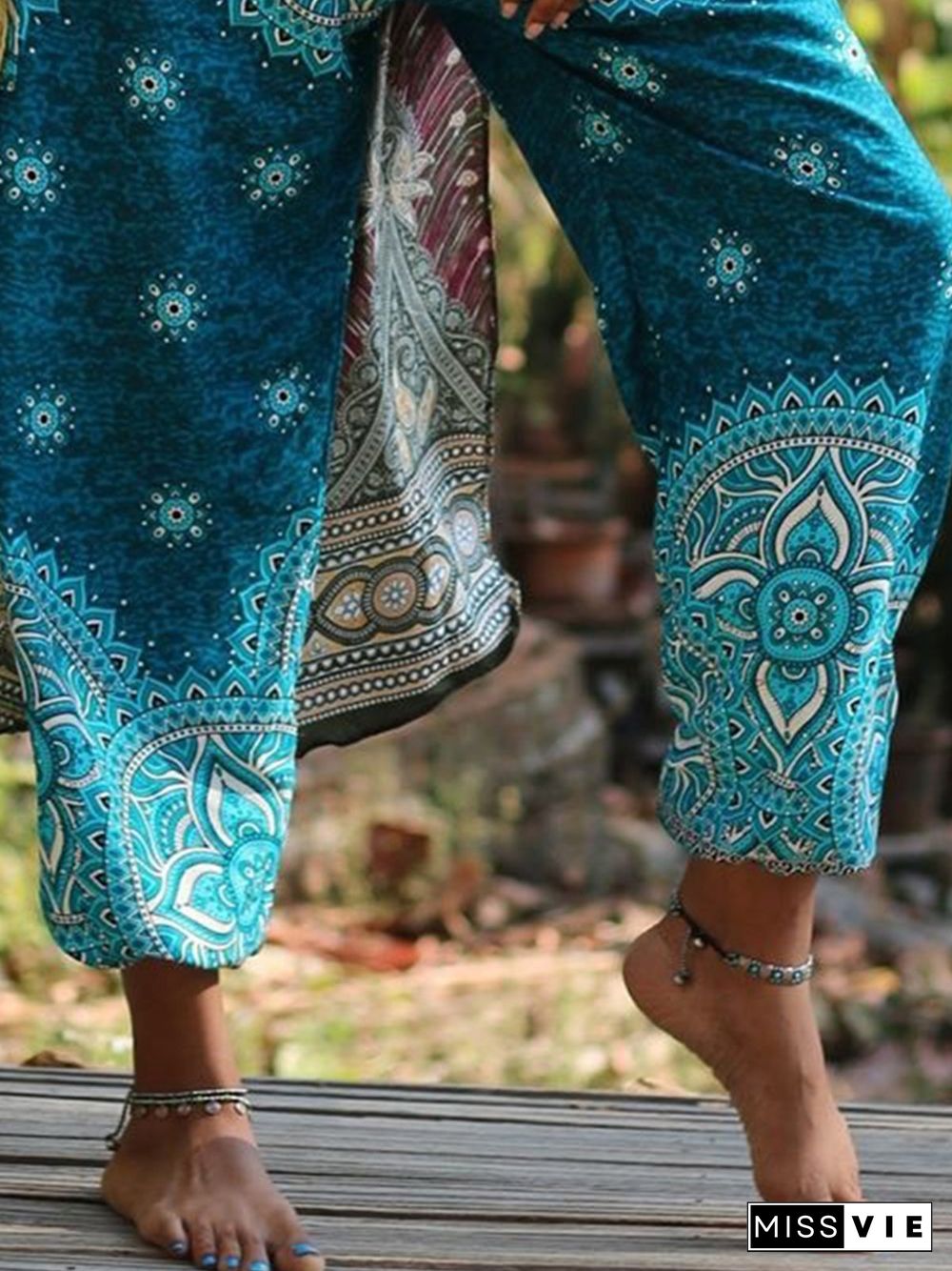 Vintage Boho Geometric Floral Printed Plus Size Casual Pants