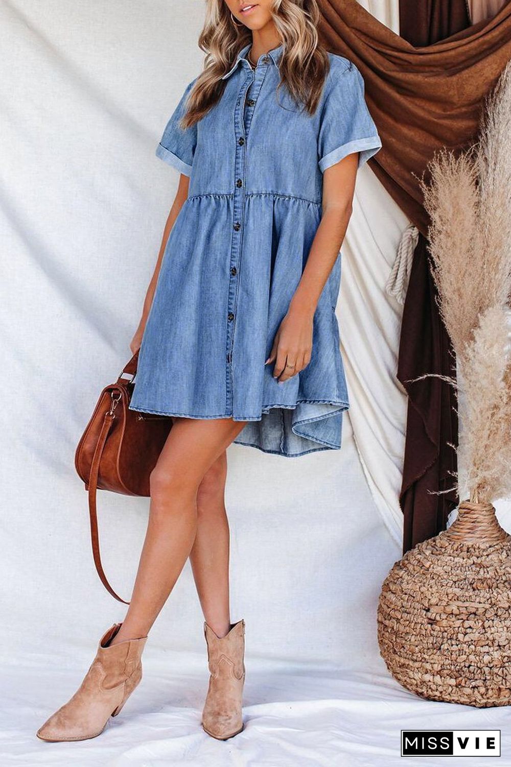 Denim Single-Breasted Shirt Pleated Dress