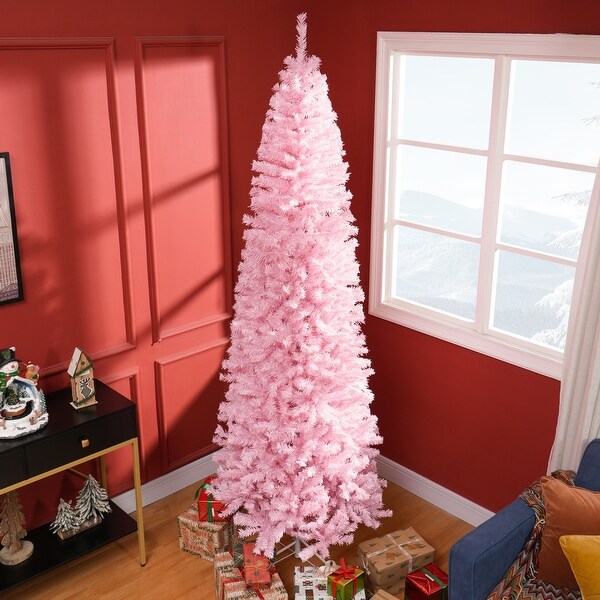 HOMCOM 8' Tall Unlit Slim Douglas Fir Artificial Christmas Tree with 1168 Realistic Branch Tips，Pink