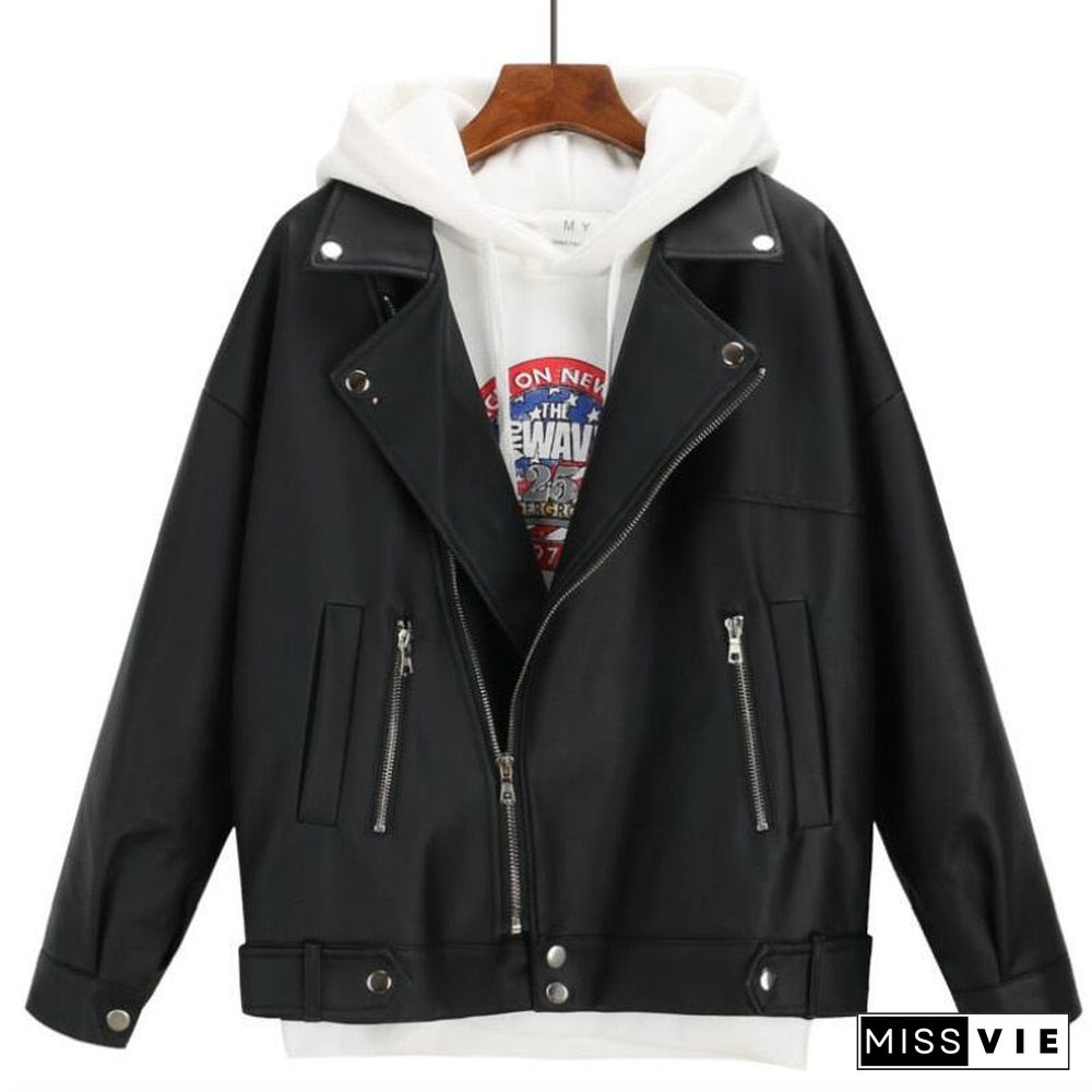 New Arrival Women Autumn Winter Leather Jacket Oversized Boyfriend Korean Style Female Faux Coat Outwear Black Bike Jacket