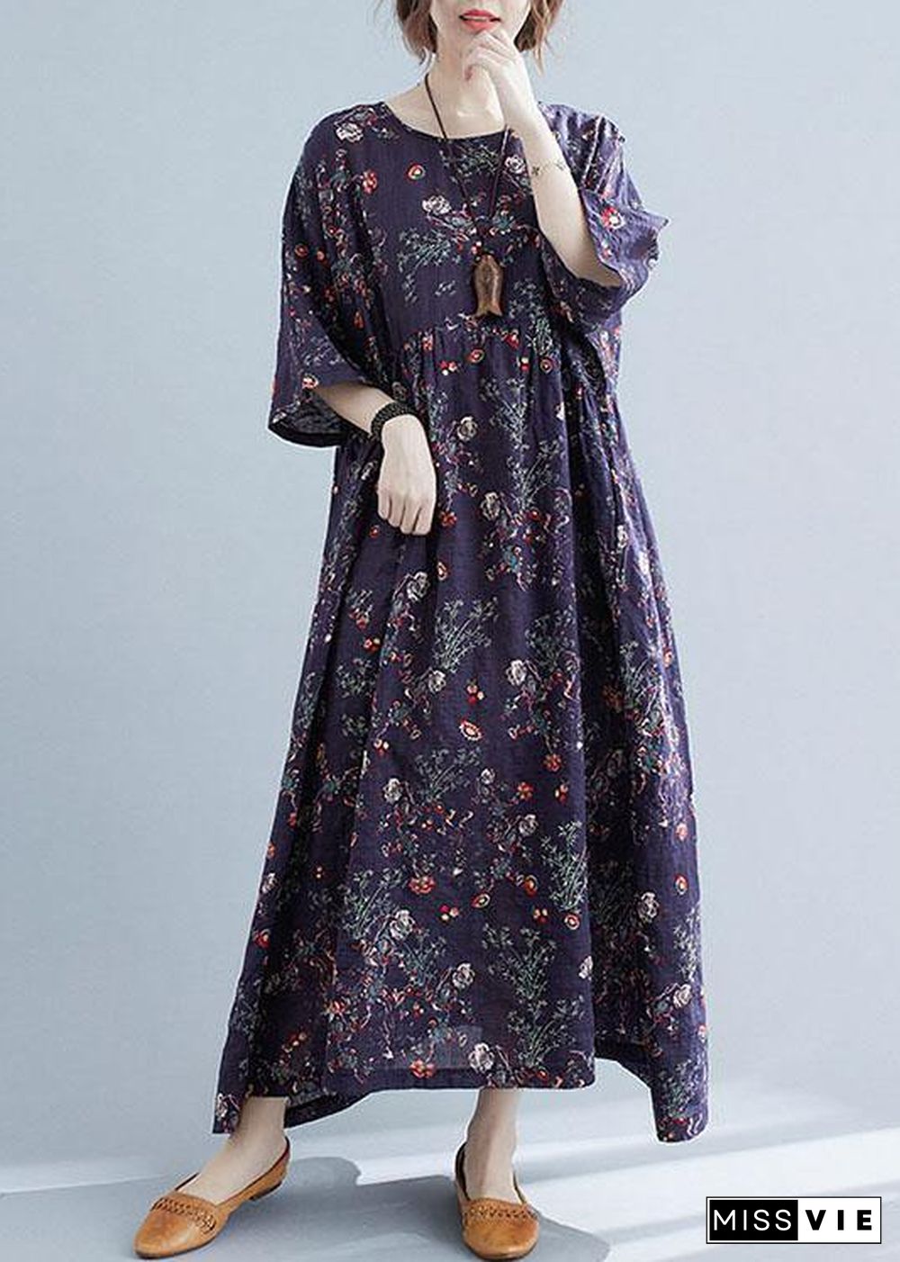 French Navy Print Pockets Loose Summer Half Sleeve Long Dress