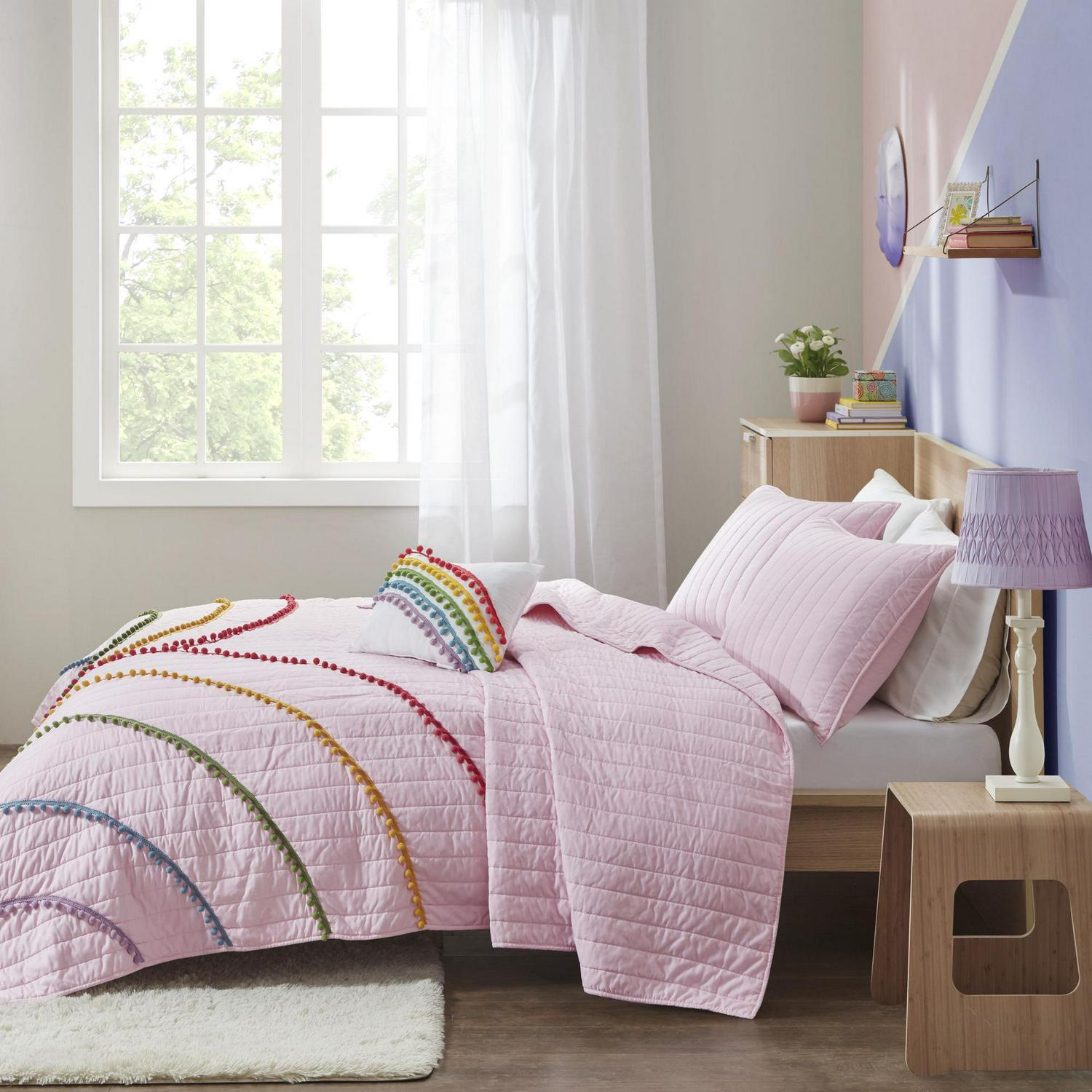 Home Essence Leah Pink Rainbow Cotton Filled Quilted 4 Piece Coverlet Set Full