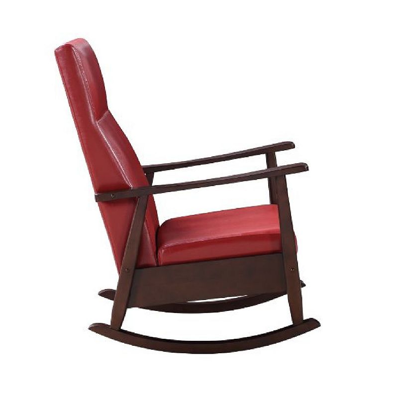 Rocking Chair with Leatherette Seating and Wooden Frame， Red