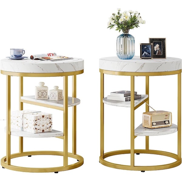 Round End Table， 3 Tiers Side Table with Storage for Living Room