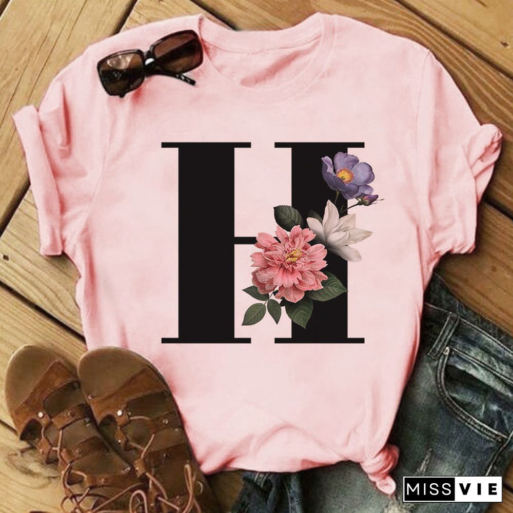 26 Letter Alphabet A-Z Women T-Shirts Fashion Breathable Flowers Short Sleeve Casual Tops Couple Basic Tee Crew Neck Clothes Top