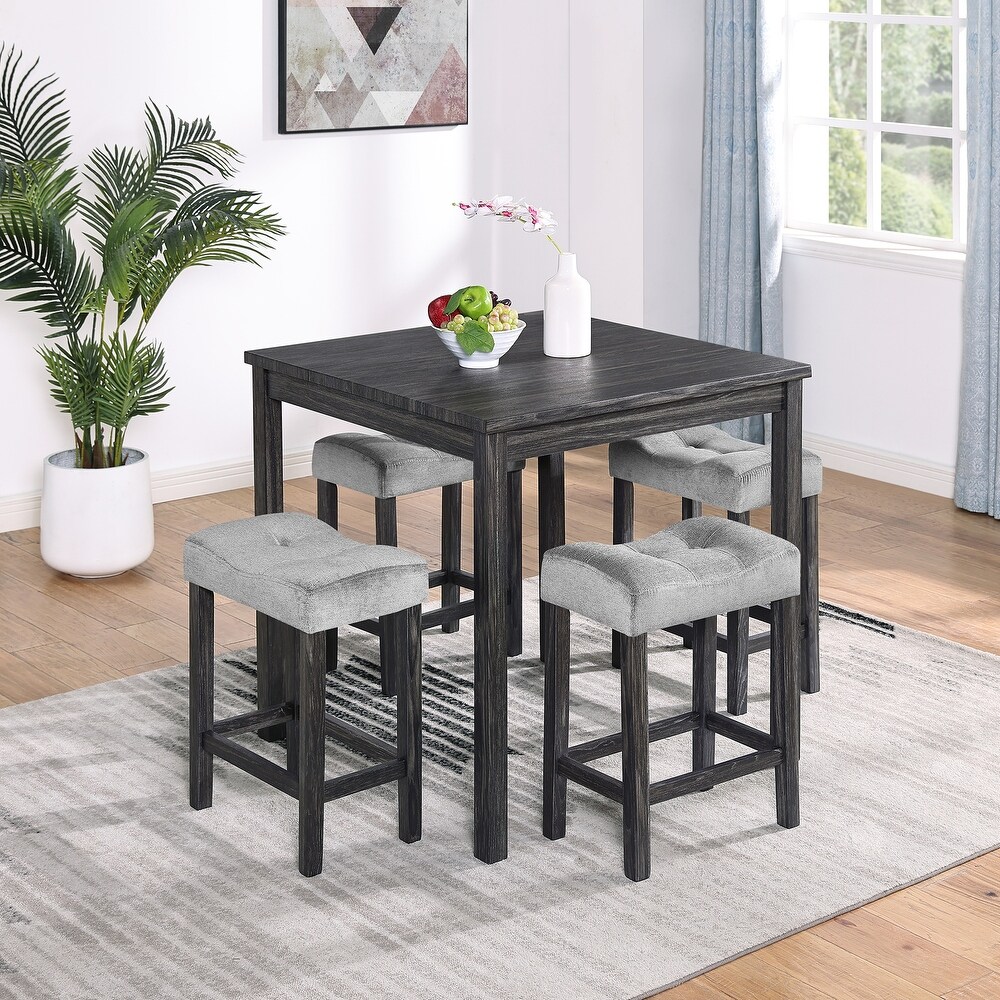 Modern Rustic 5 Pieces Dining Table Set with Counter Height Table and 4 Upholstered Stools Chairs for Kitchen Dining Room