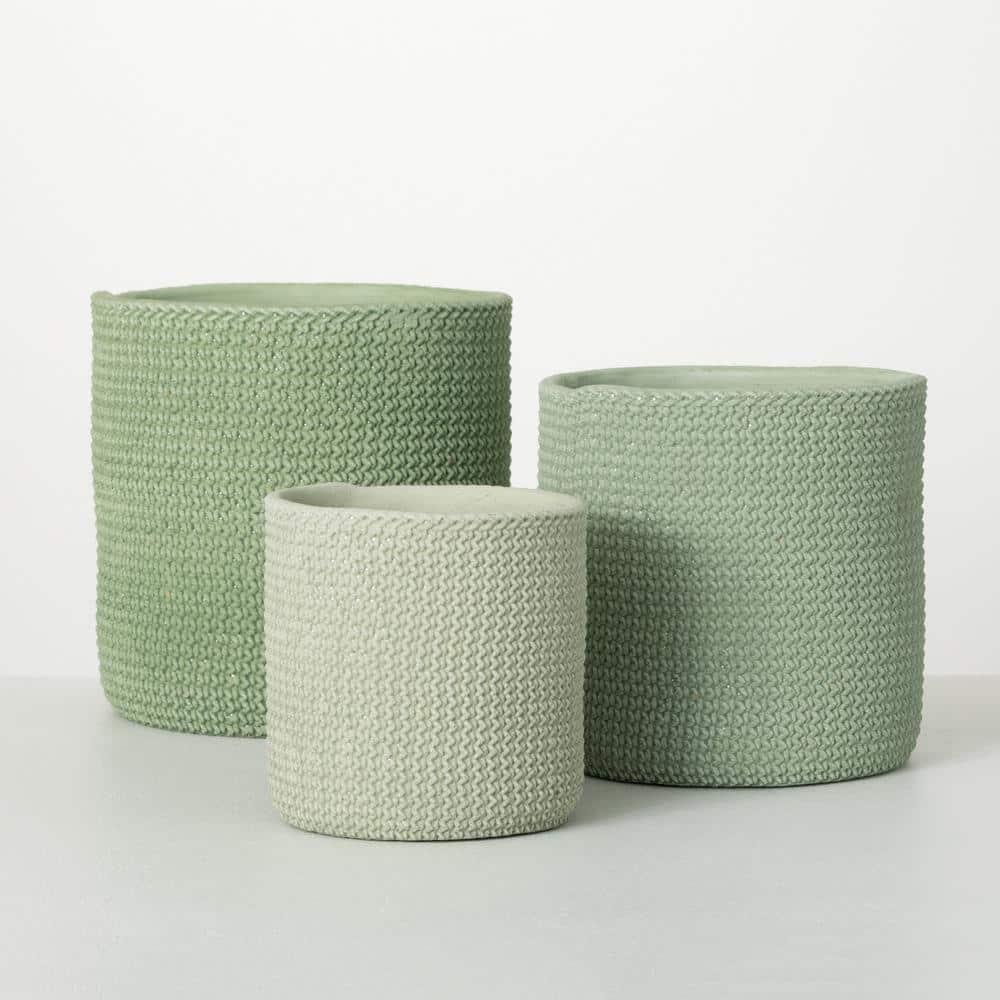 SULLIVANS 9 in.， 7.75 in. and 6.25 in. Woven-Textured Concrete Pots - Set of 3， Green CMT1249