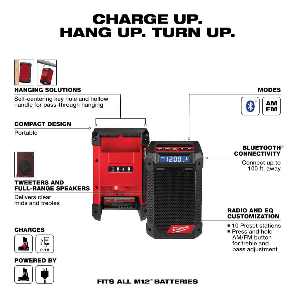 Milwaukee M12 12-Volt Lithium-Ion Cordless Bluetooth/AM/FM Jobsite Radio with Charger with M12 2.0Ah Battery 2951-20-48-11-2420