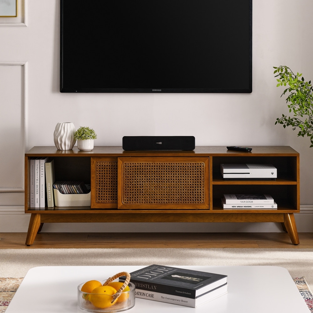 Rattan TV Stand Media Console Entertainment Cabinet for Living Room Bedroom w/ Wood Feet   Rattan Sliding Cabinet Doors