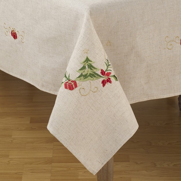 Saro Lifestyle Embroidered Christmas Tree Design Holiday Linen Blend Tablecloth