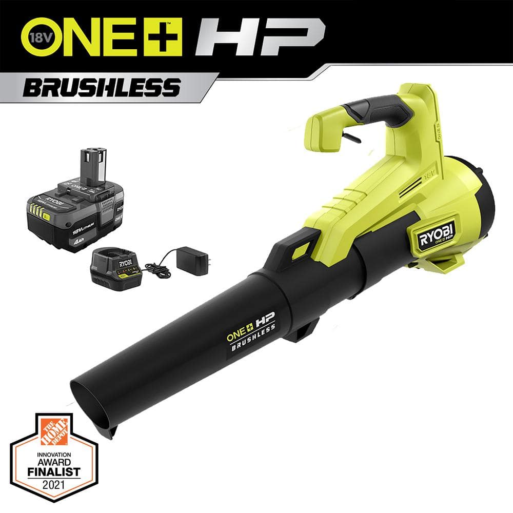 RYOBI ONE+ HP 18V Brushless 110 MPH 350 CFM Cordless Variable-Speed Jet Fan Leaf Blower w/ 4.0 Ah Battery and Charger P21120