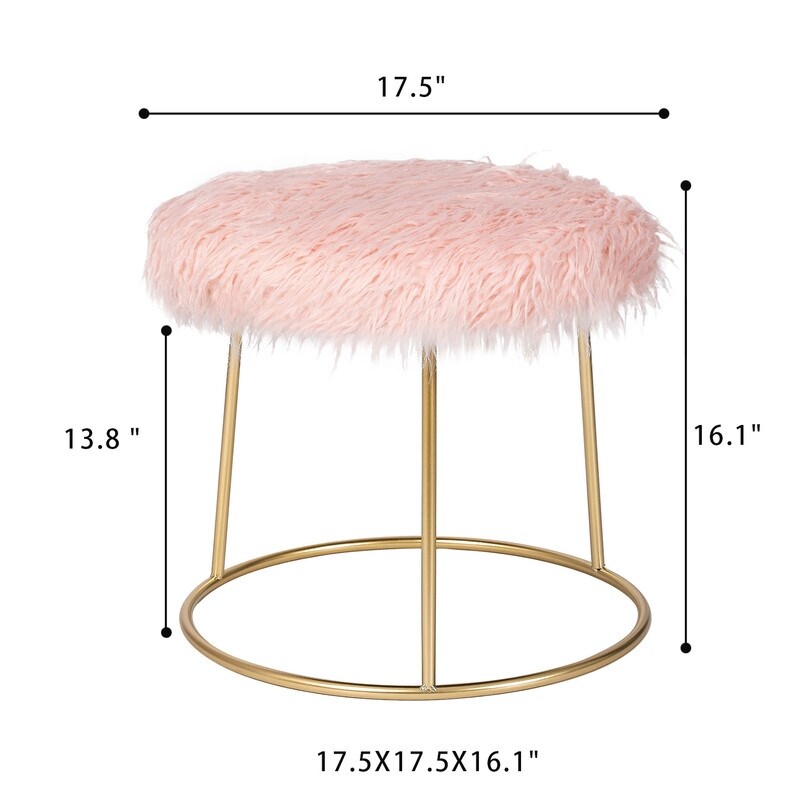 Adeco Vanity Stool Chair Fluffy Ottoman Footrest Round Metal Base