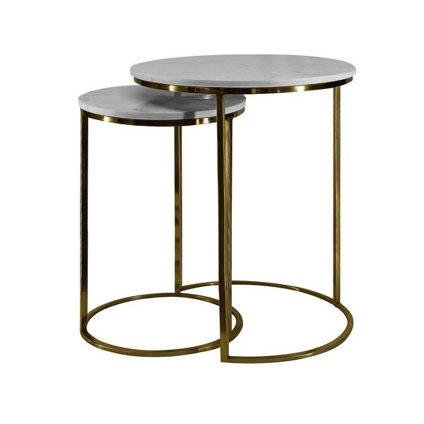 21， 18 Inch Transitional Style Round Marble Top Nesting End Table， Set of 2， Metal Frame， White， Brass