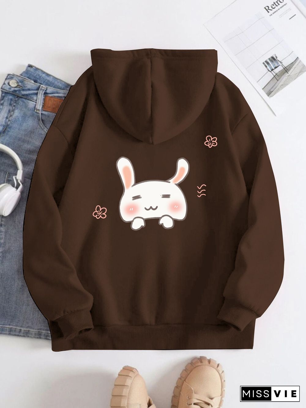 Printed on the Back Kangaroo Pocket Hoodie Long Sleeve for Women Pattern Cute Rabbit Head