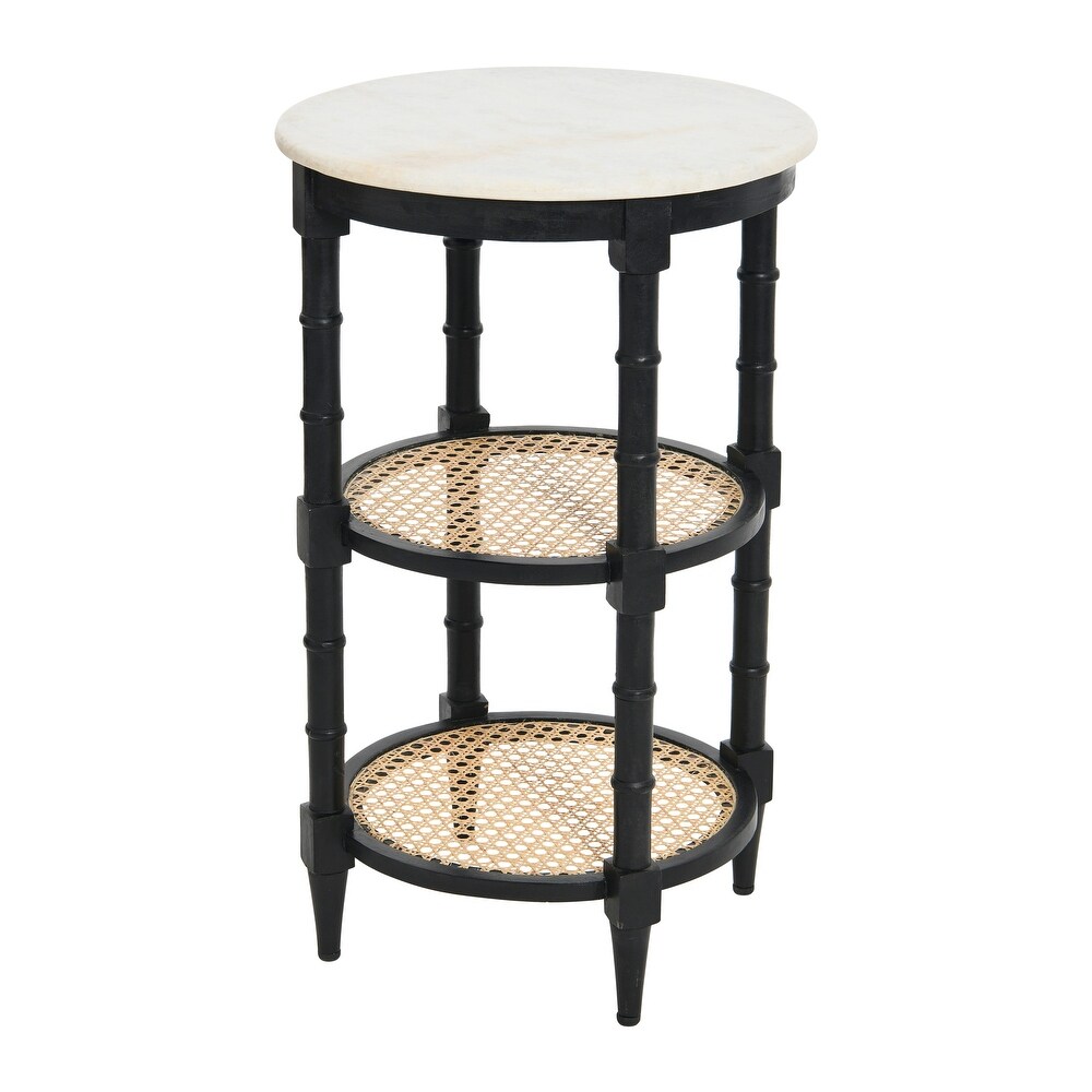 End Table with Genuine Marble Top and 2 Woven Cane Storage Shelves