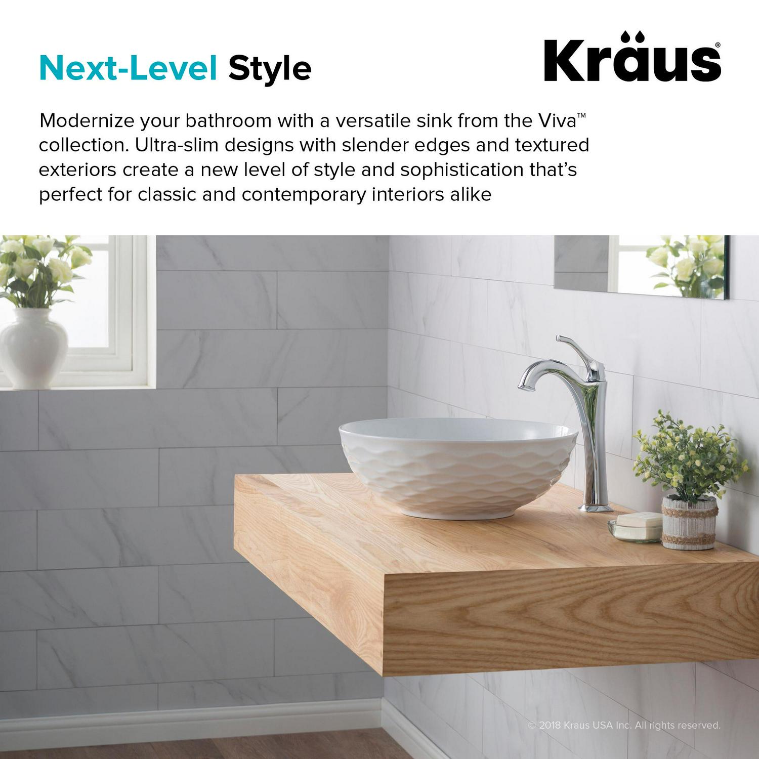 KRAUS Viva Round White Porcelain Ceramic Vessel Bathroom Sink with Pop-Up Drain， 16 1/2 in. D x 5 1/2 in. H