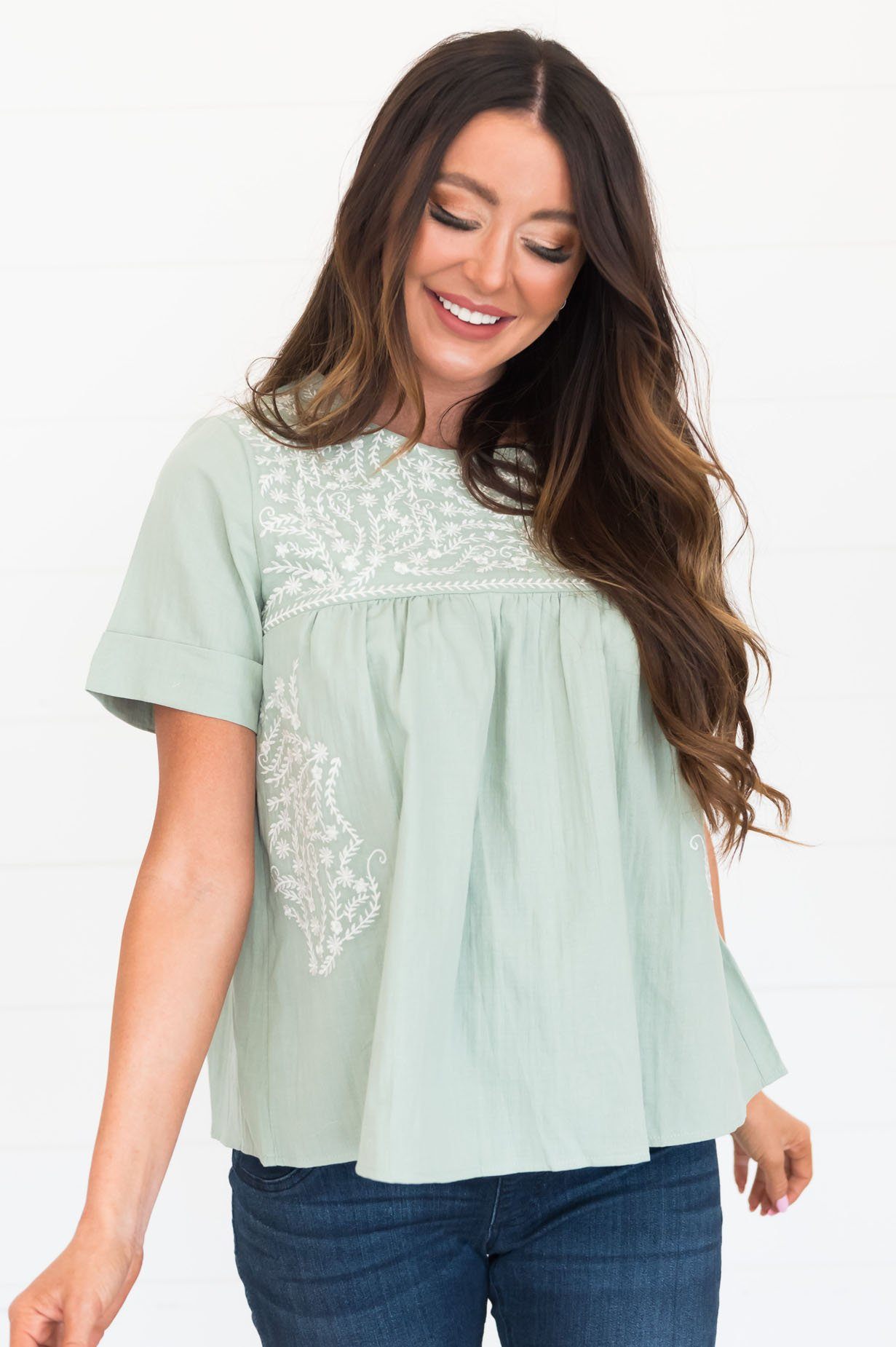 Classic Beauty Modest Embroidered Blouse