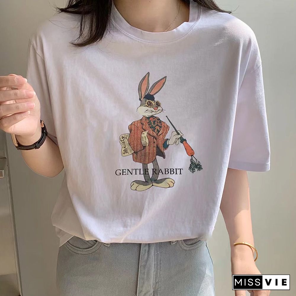 Cartoon Letter Print Round Collar Loose T-Shirt