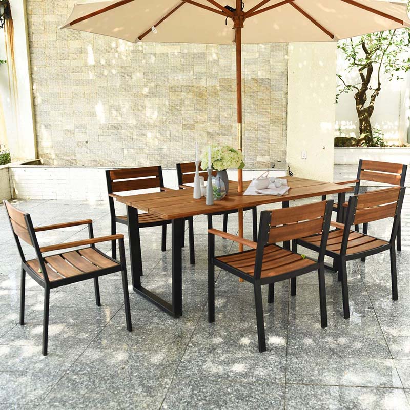 7 Pcs Patented Patio Dining Set with Umbrella Hole & Acacia Wood Top, Outdoor Dining Table Set for Backyard Garden