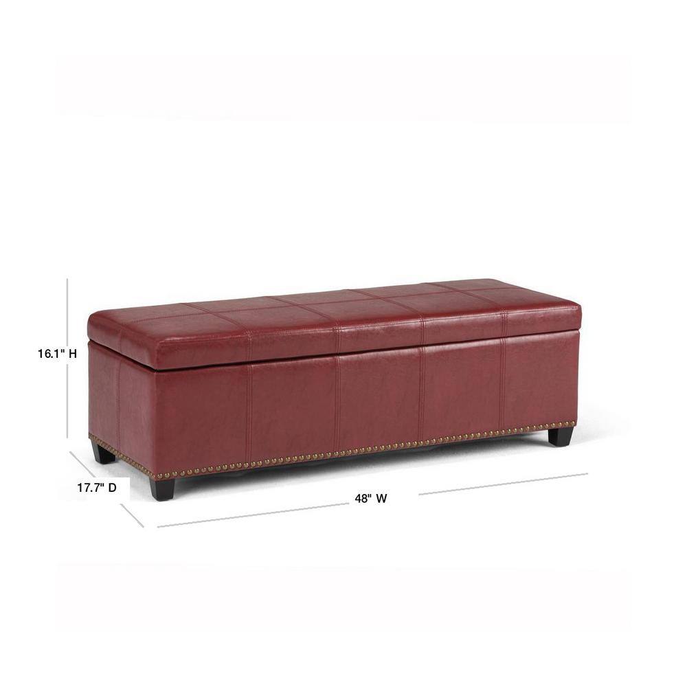 Simpli Home Kingsley 48 in. Transitional Storage Ottoman in Radicchio Red Bonded Leather 3AXCOT-240-RRD