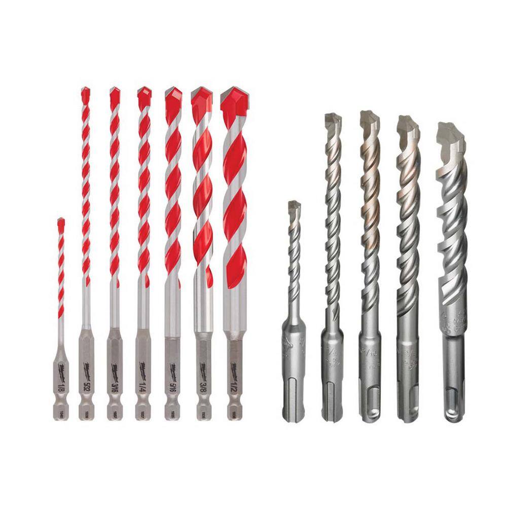 MW SHOCKWAVE Carbide Hammer Drill Bit Kit for ConcreteStone and 2-Cutter SDS-PLUS Carbide Hammer Drill Bit Set (12-Piece) 48-20-9057-48-20-7490