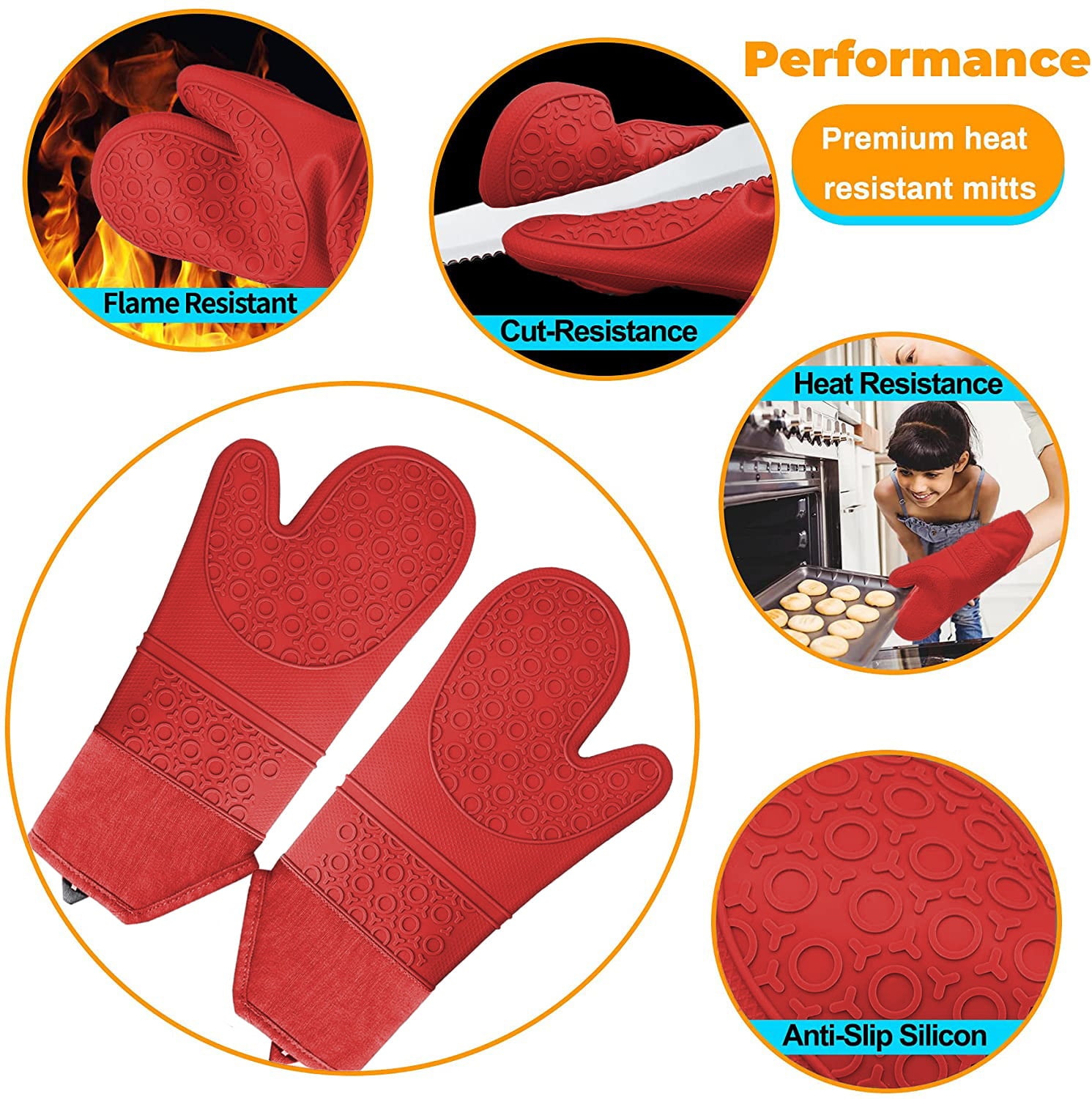 Extra Long Oven Mitts and Pot Holders Sets， RORECAY Silicone Oven Mitts Heat Resistant with Mini Oven Gloves and Hot Pads Pot Holders for Kitchen Baking Cooking Gloves Shows， Quilted Liner， Red， 6PCS