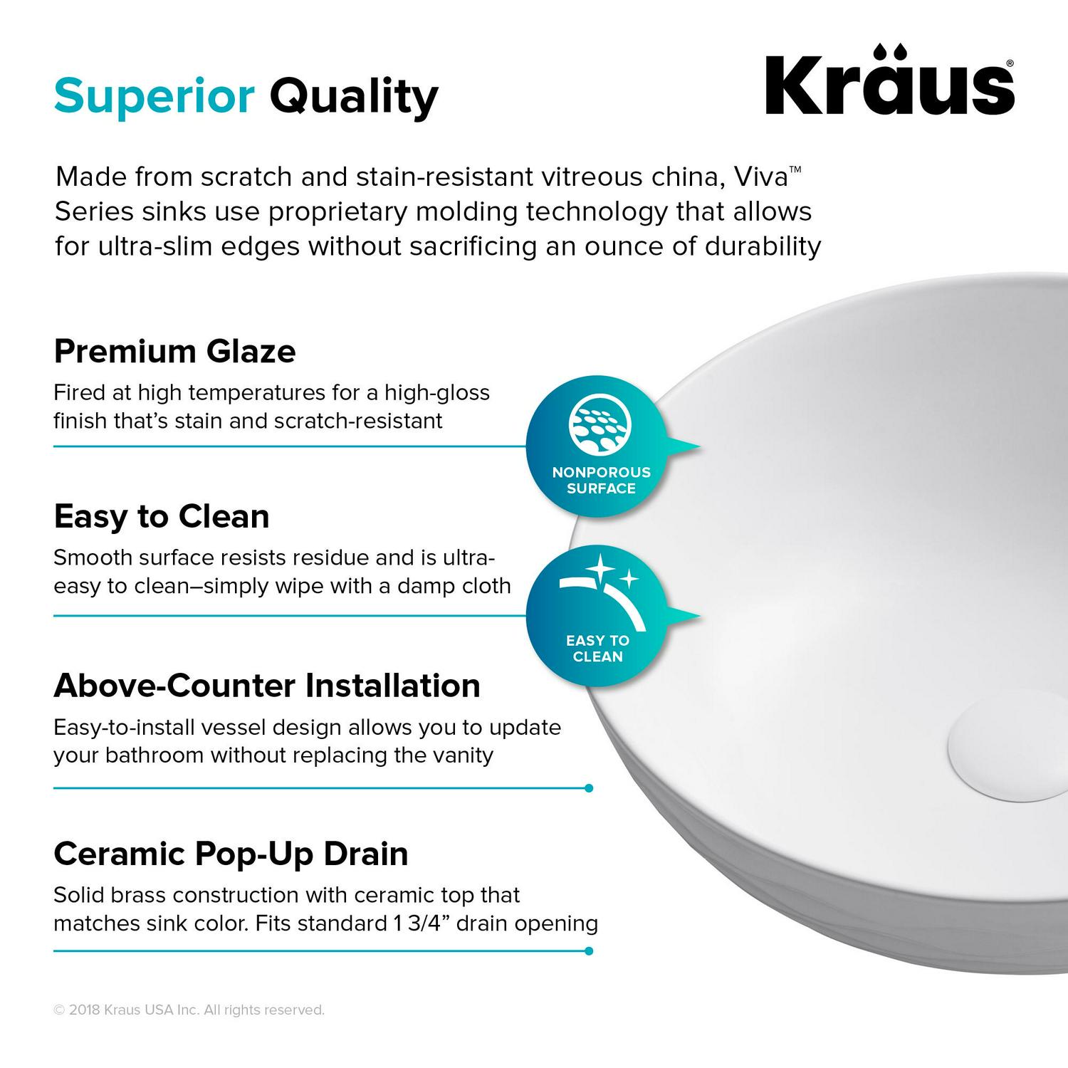 KRAUS Viva Round White Porcelain Ceramic Vessel Bathroom Sink with Pop-Up Drain， 16 1/2 in. D x 5 1/2 in. H