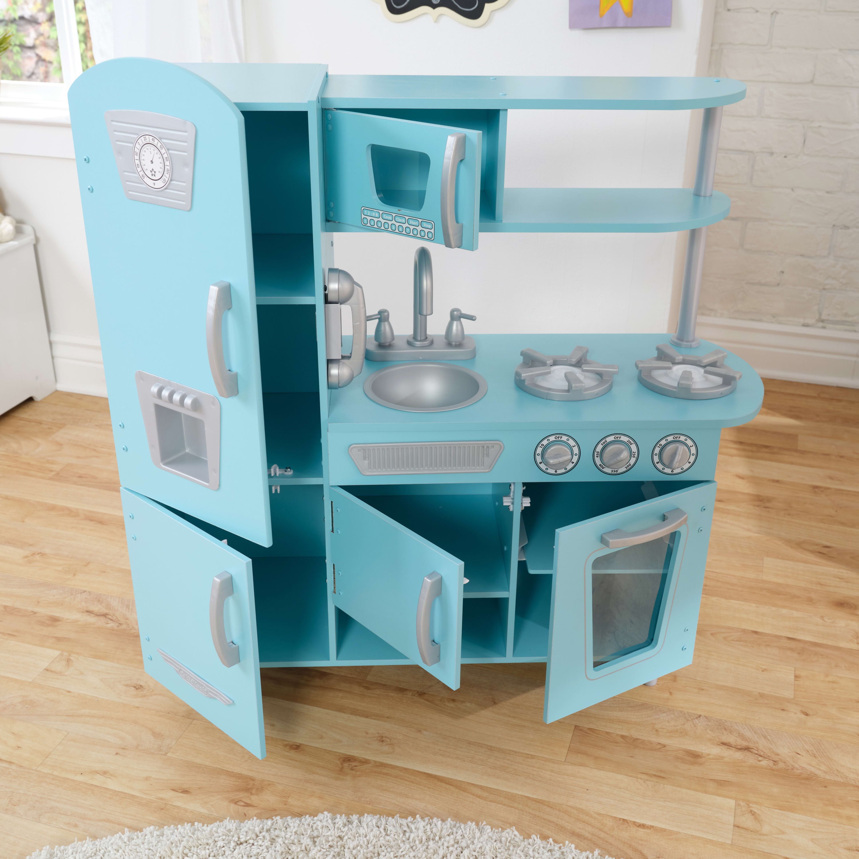 KidKraft Vintage Wooden Play Kitchen with Pretend Ice Maker and Play Phone -  Blue