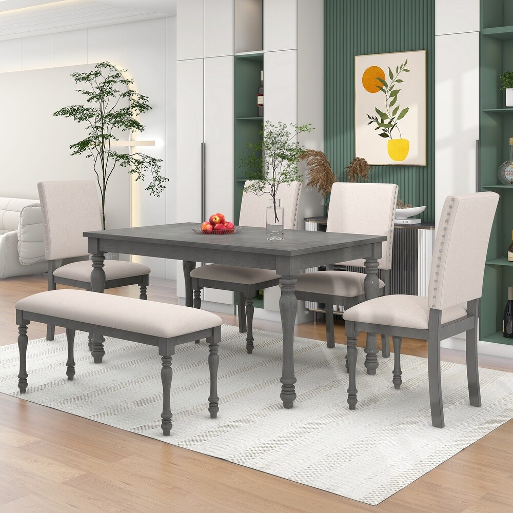 Classic 6 Piece Wood Dining Table Sets w/Upholstered Chairs   Bench