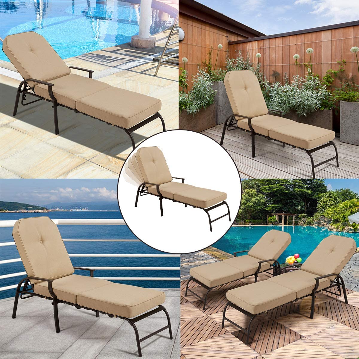 YODOLLA Adjustable Patio Lounge Chair with Thick Cushion Outdoor Chaise Lounge Recliner, Beige